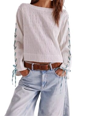 FREE PEOPLE We The Free Laced-Up Tee in Optic White Combo Sz M NWT $128